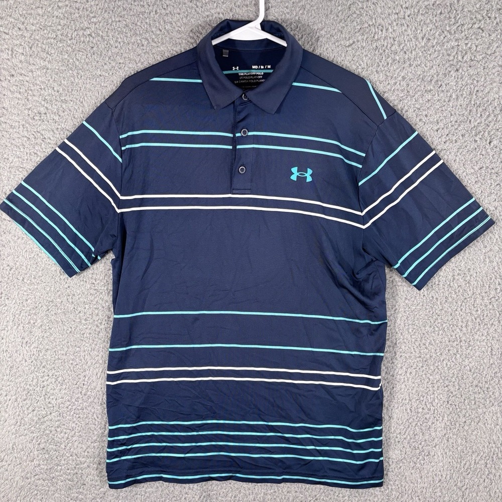 Under Armour The Playoff Polo Shirt Men's M Navy Teal Stripe Golf Preppy‎ Casual